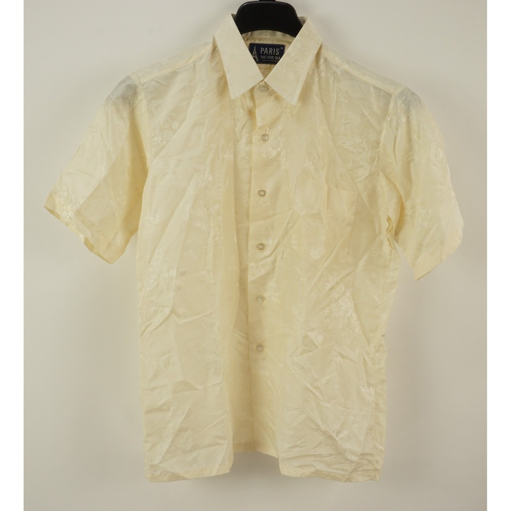 Vintage PARIS Silk Satin Jacquard Floral Geometric Semi Sheer Cream Shirt Medium